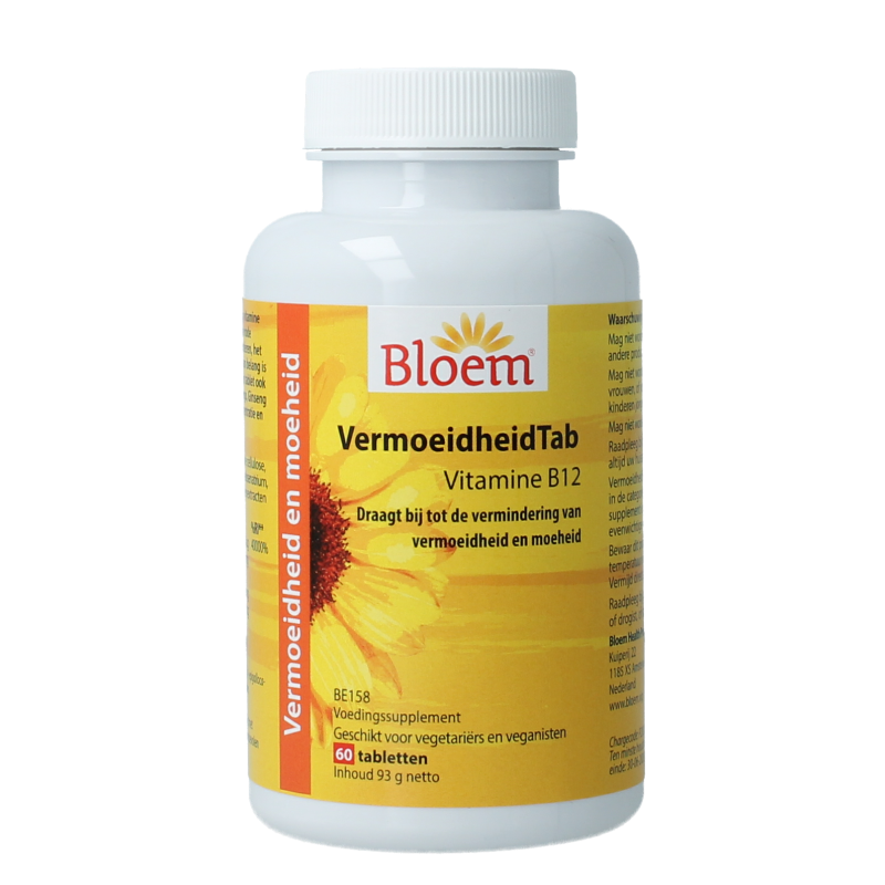 Bloem Vermoeidheidtabletten in a bottle of 60 herbal supplement tablets, natural remedy for fatigue.