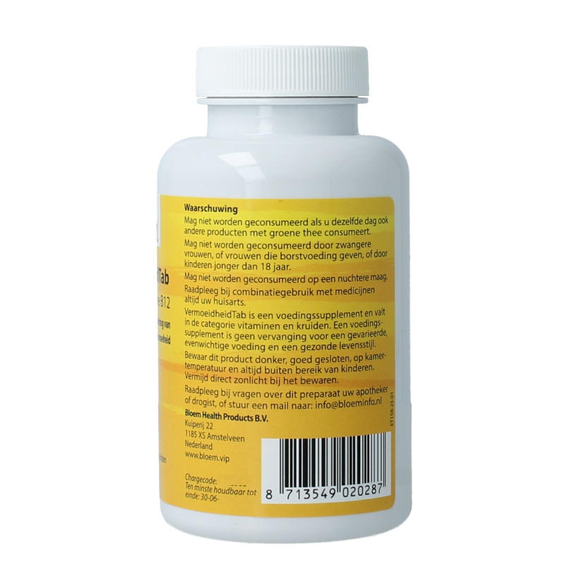 Bloem Vermoeidheidtabletten in a bottle, herbal supplement for fatigue relief, containing 60 tablets.