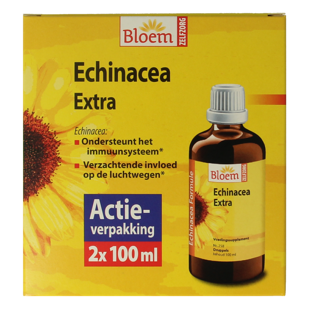Bloem Echinacea duo herbal remedy bottles, 2 x 100ml, in clear glass with labels, for immune support.