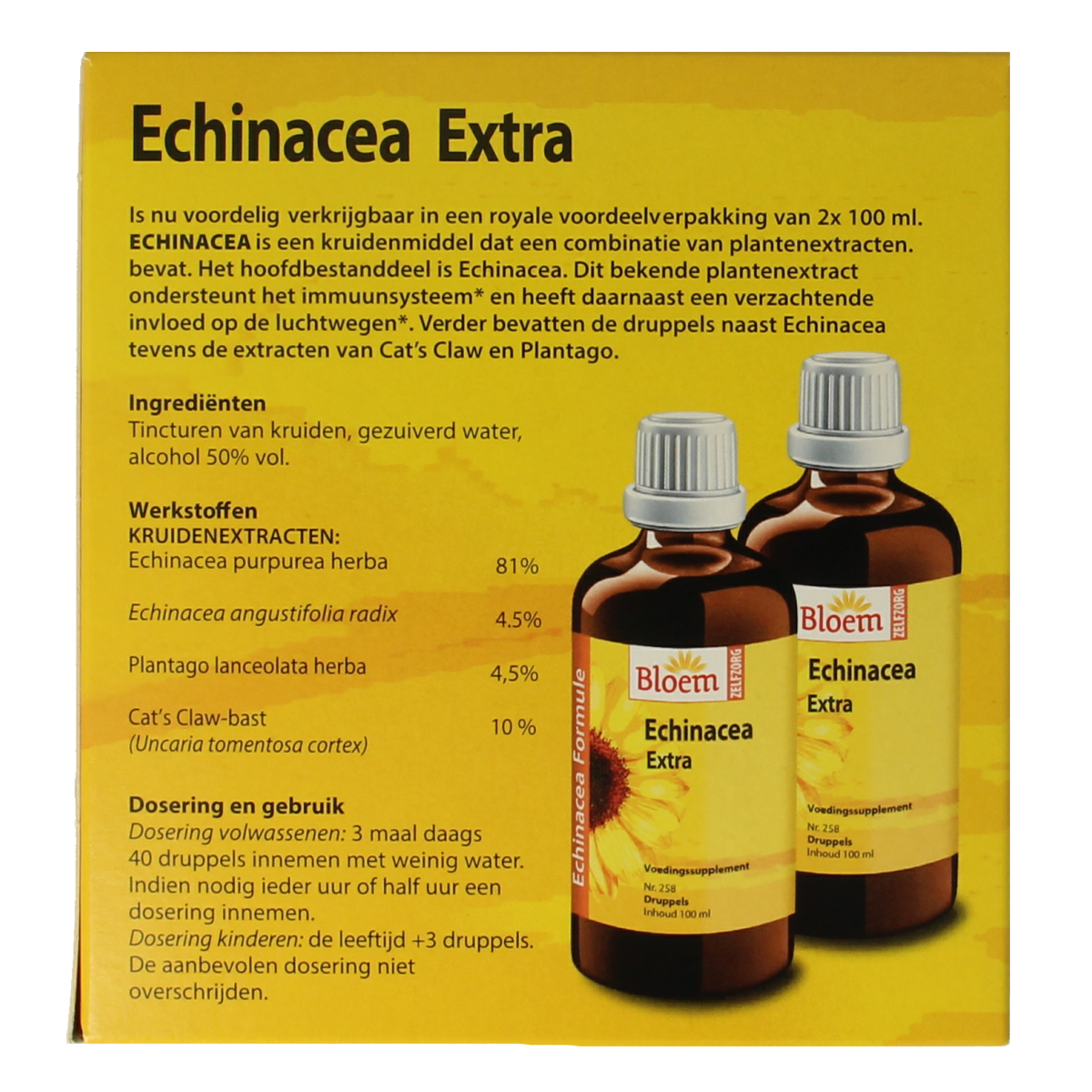 Bloom Echinacea duo herbal supplement bottles by Bloem, 2 x 100ml, in a natural herbal preparation setting.