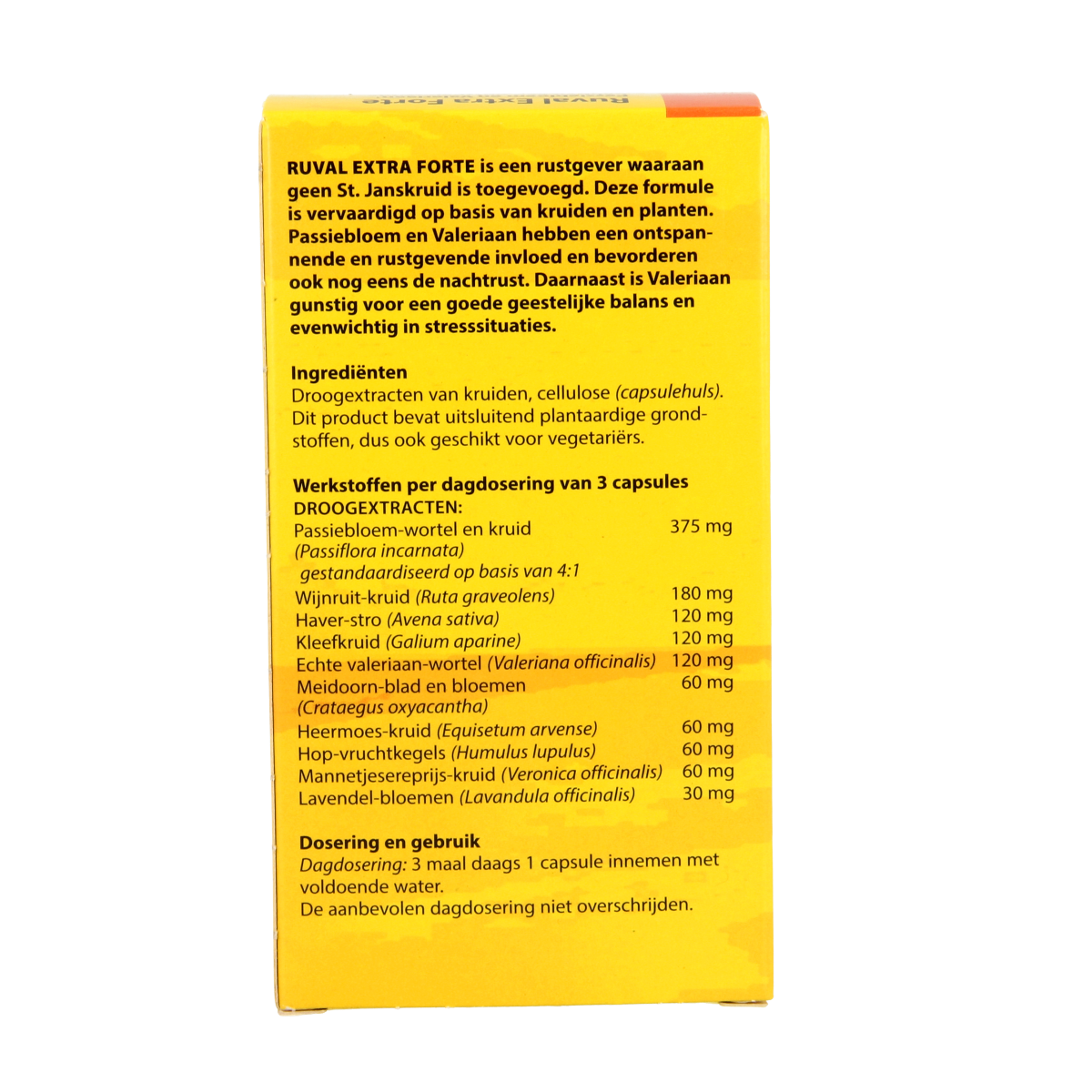 Blom Ruval zonder St. Janskruid capsules, herbal supplement in a clear bottle with white capsules, branded by Bloem.