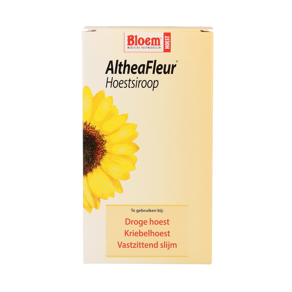 Bottle of Bloem Altheafleur hoestsiroop 200ml, herbal cough syrup with althea flower flavor, shown in the image.