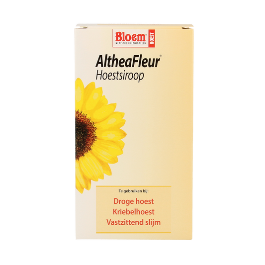 Bottle of Bloem Altheafleur hoestsiroop 200ml, herbal cough syrup with althea flower flavor, shown in the image.