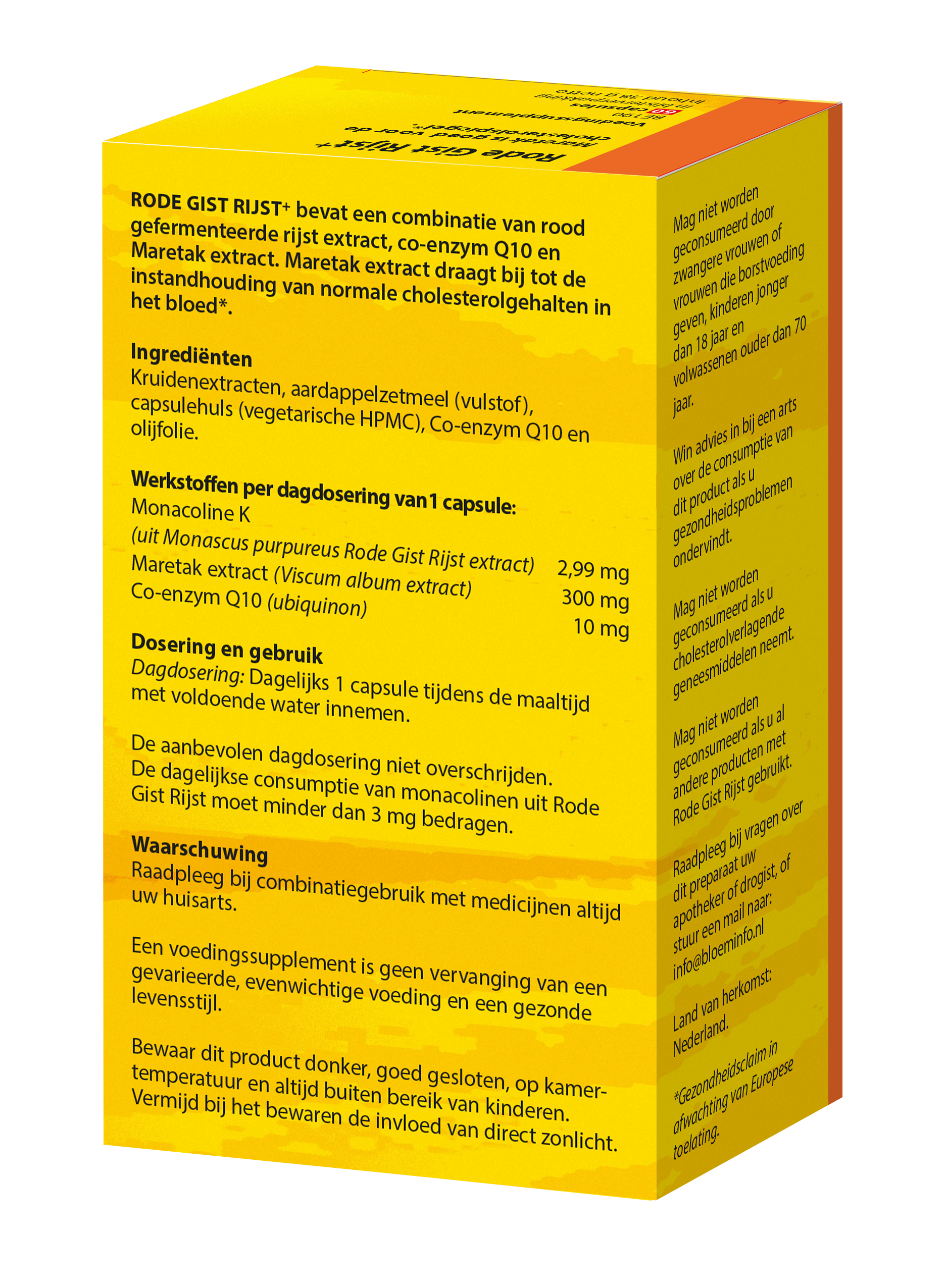 Bloem Rode gist rijst capsules, herbal supplement for health, shown in a bottle with capsules inside.