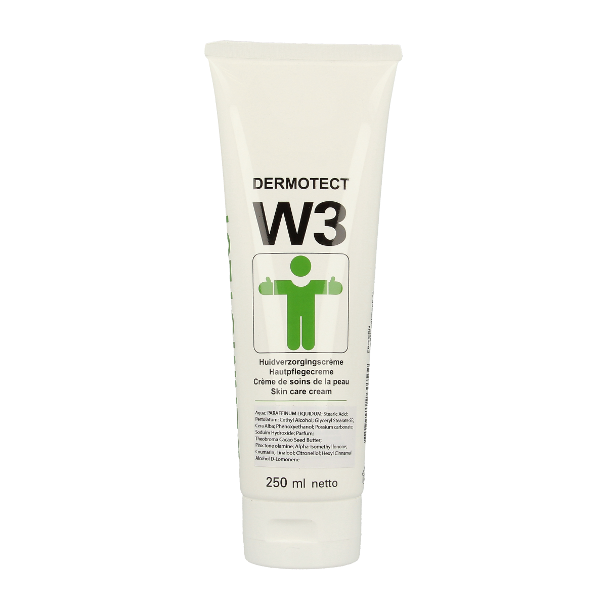 Frisson Dermotect crème W3 body care tube, 250ml, with smooth, nourishing cream for skin hydration and comfort.