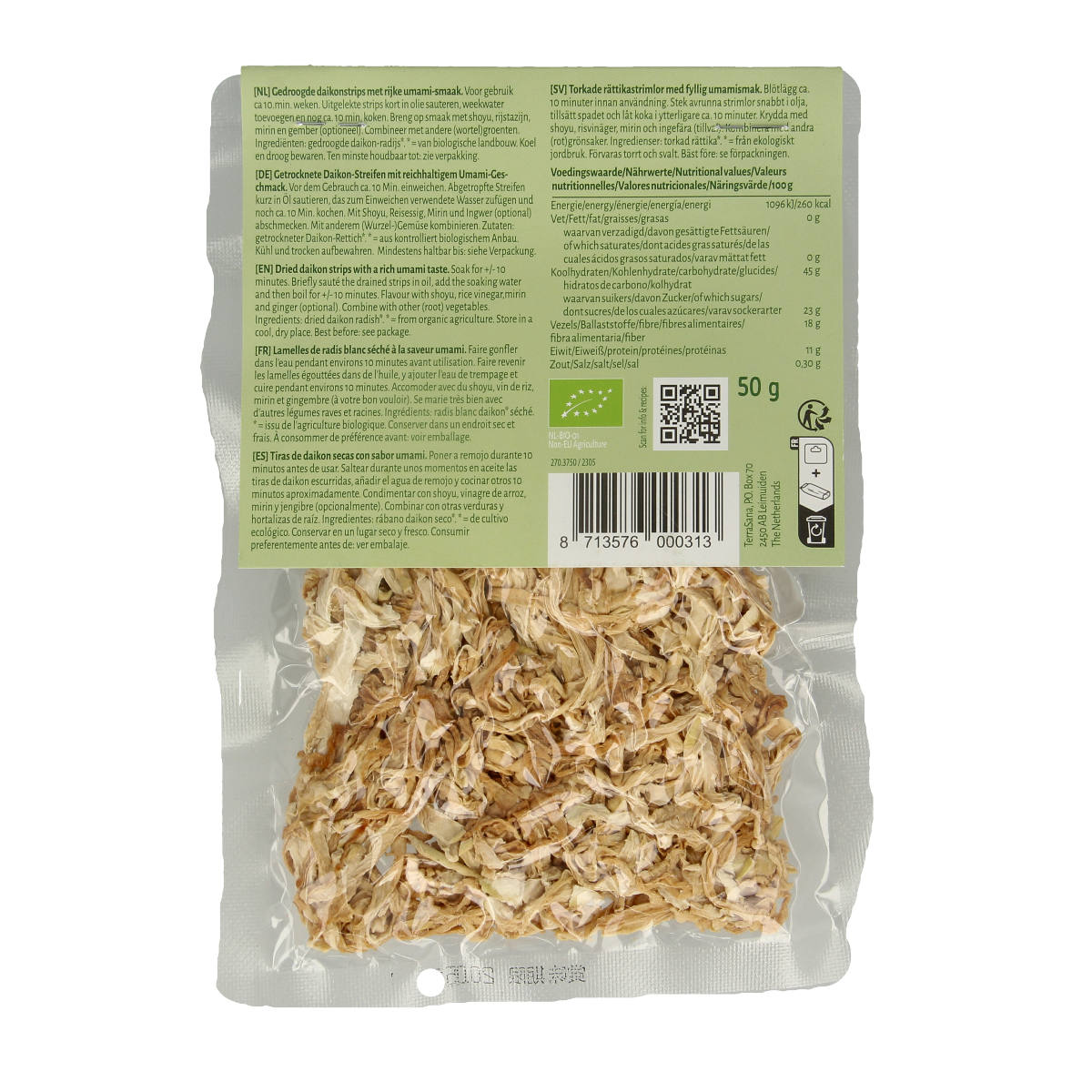 Organic TerraSana Sengiri daikon root vegetable in a 50g package, fresh and white, suitable for salads and cooking.