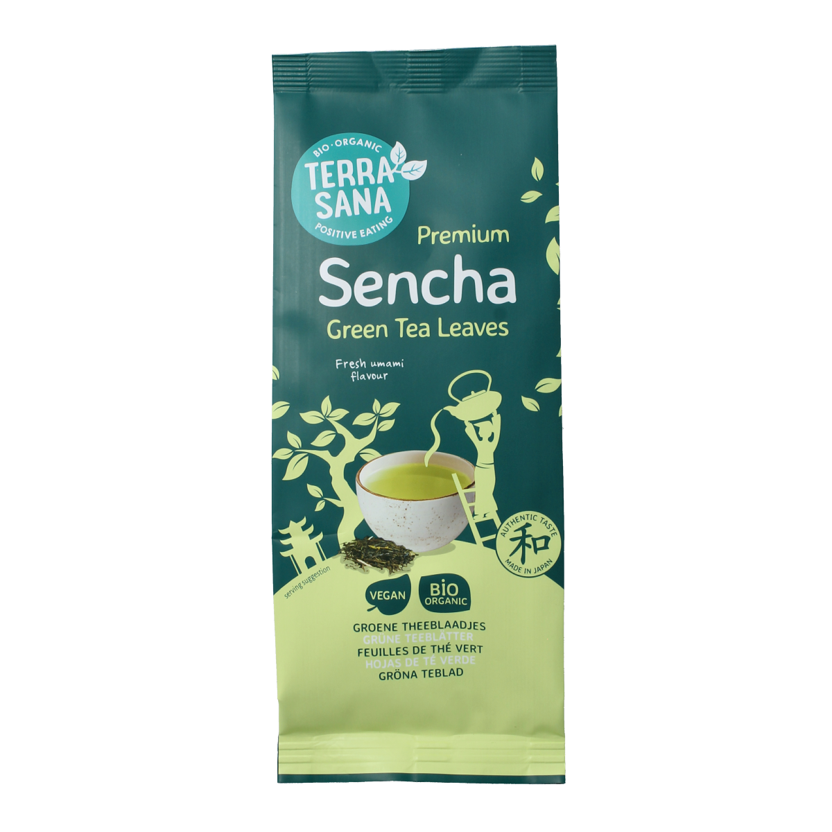 Organic TerraSana Sencha green tea in a 75-gram package, featuring fresh, vibrant green tea leaves.