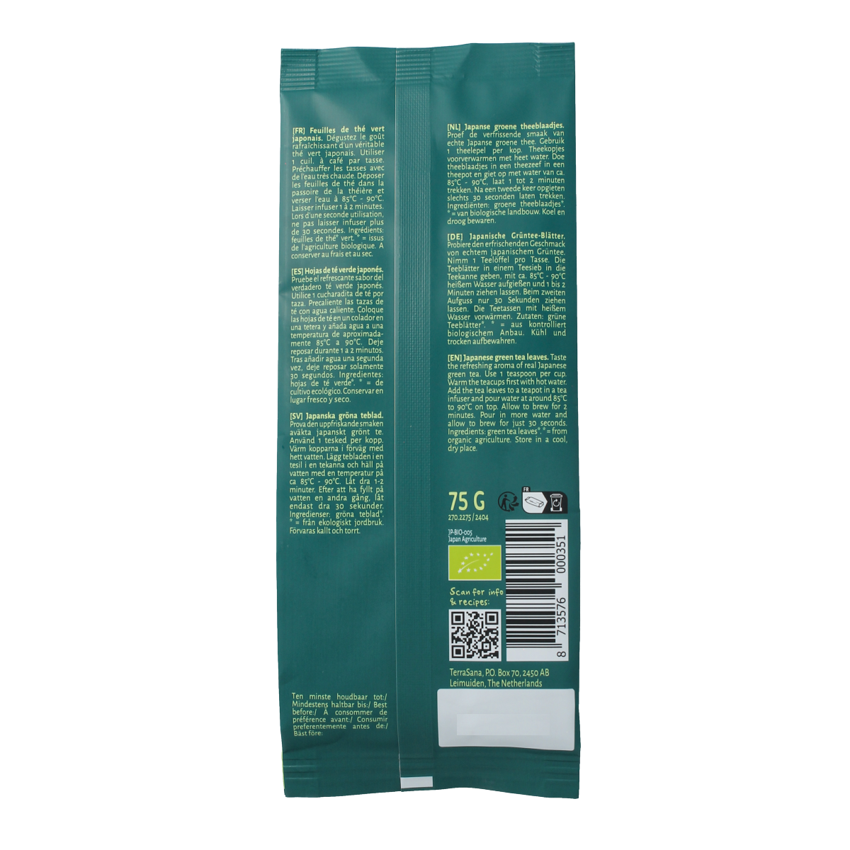 Organic TerraSana Sencha green tea in a 75g package, fresh green tea leaves displayed in a natural setting.