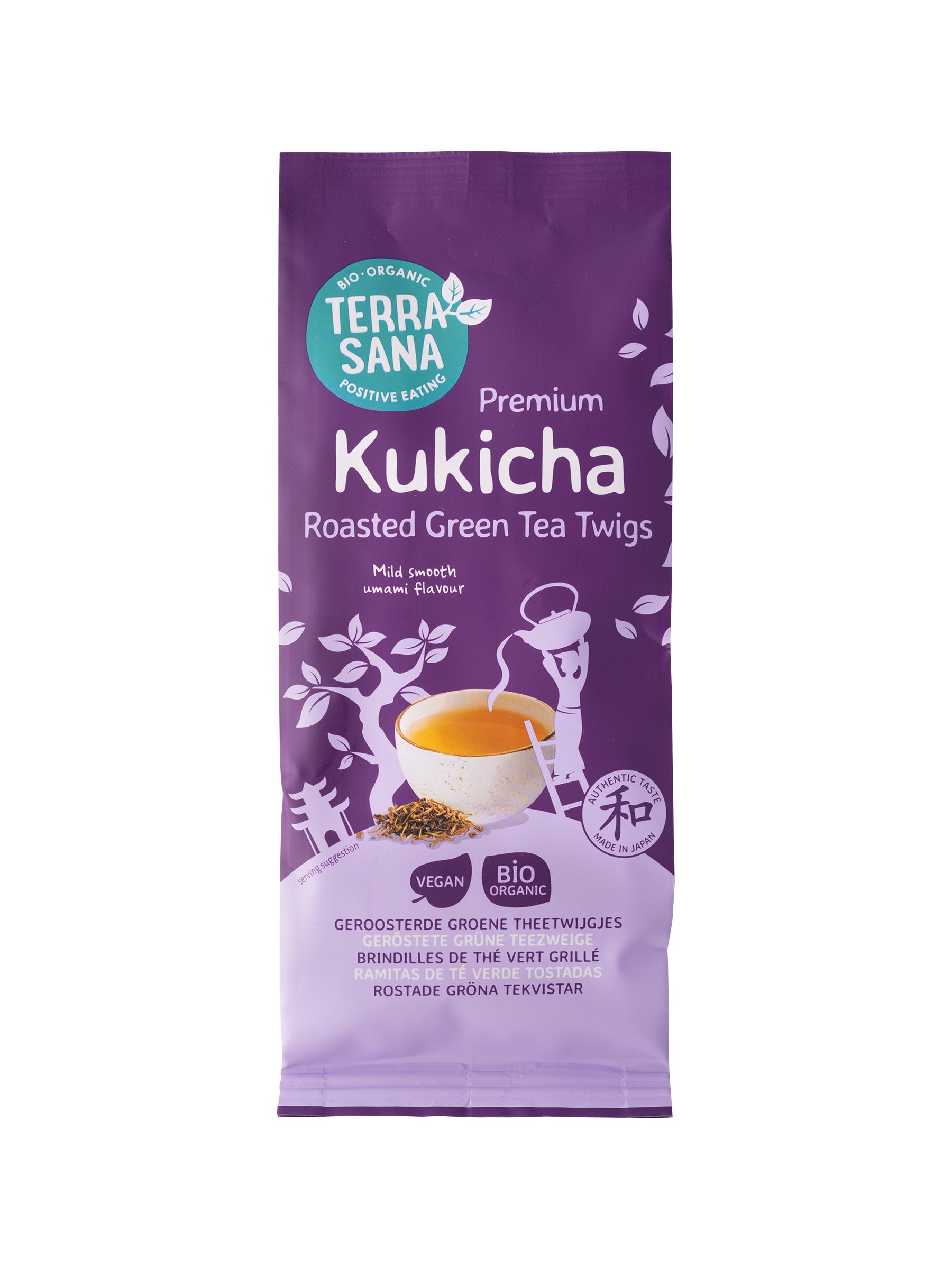 TerraSana Kukicha groene thee twijgen bio in 75g package, fresh green tea twigs for brewing and health benefits.