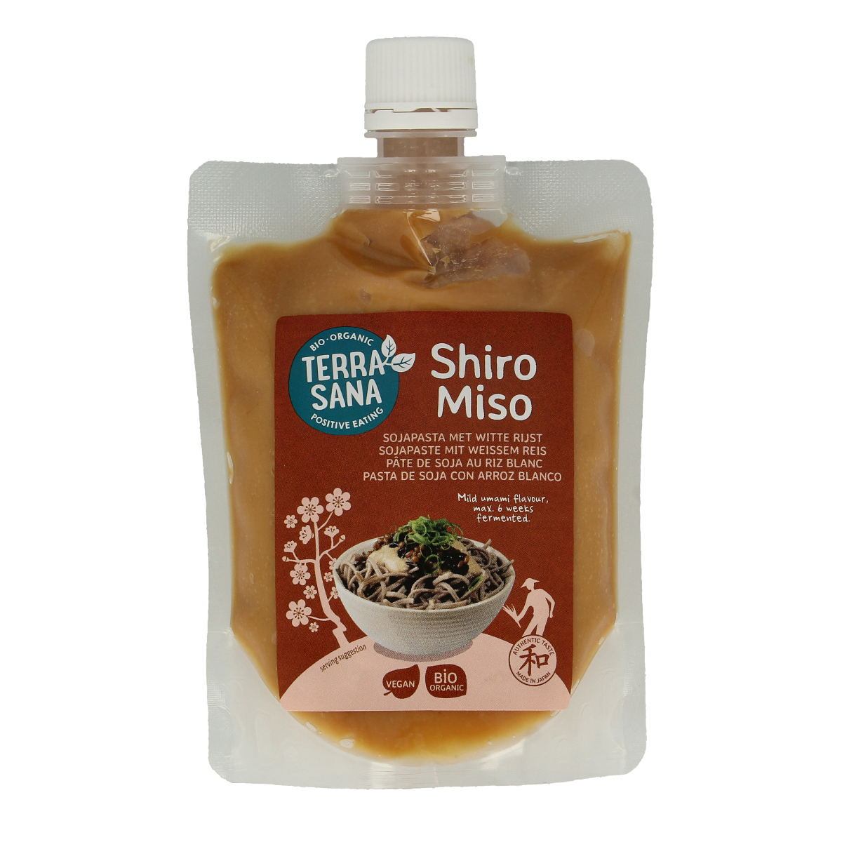 TerraSana Shiro miso sauce in 250g jar, bio organic flavor, shown with label and lid, ideal for cooking and seasoning.