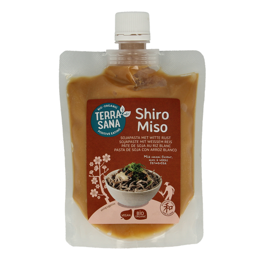 TerraSana Shiro miso sauce in 250g jar, bio organic flavor, shown with label and lid, ideal for cooking and seasoning.