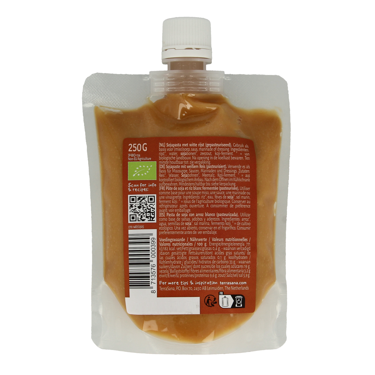 TerraSana Shiro miso spout eko bio in 250g jar, organic Japanese fermented soybean paste for sauces and flavoring.