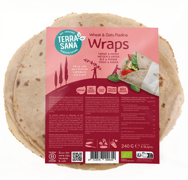 TerraSana bio Piadina wraps with wheat and oat, 240g, shown rolled and ready to fill, in a natural food setting.