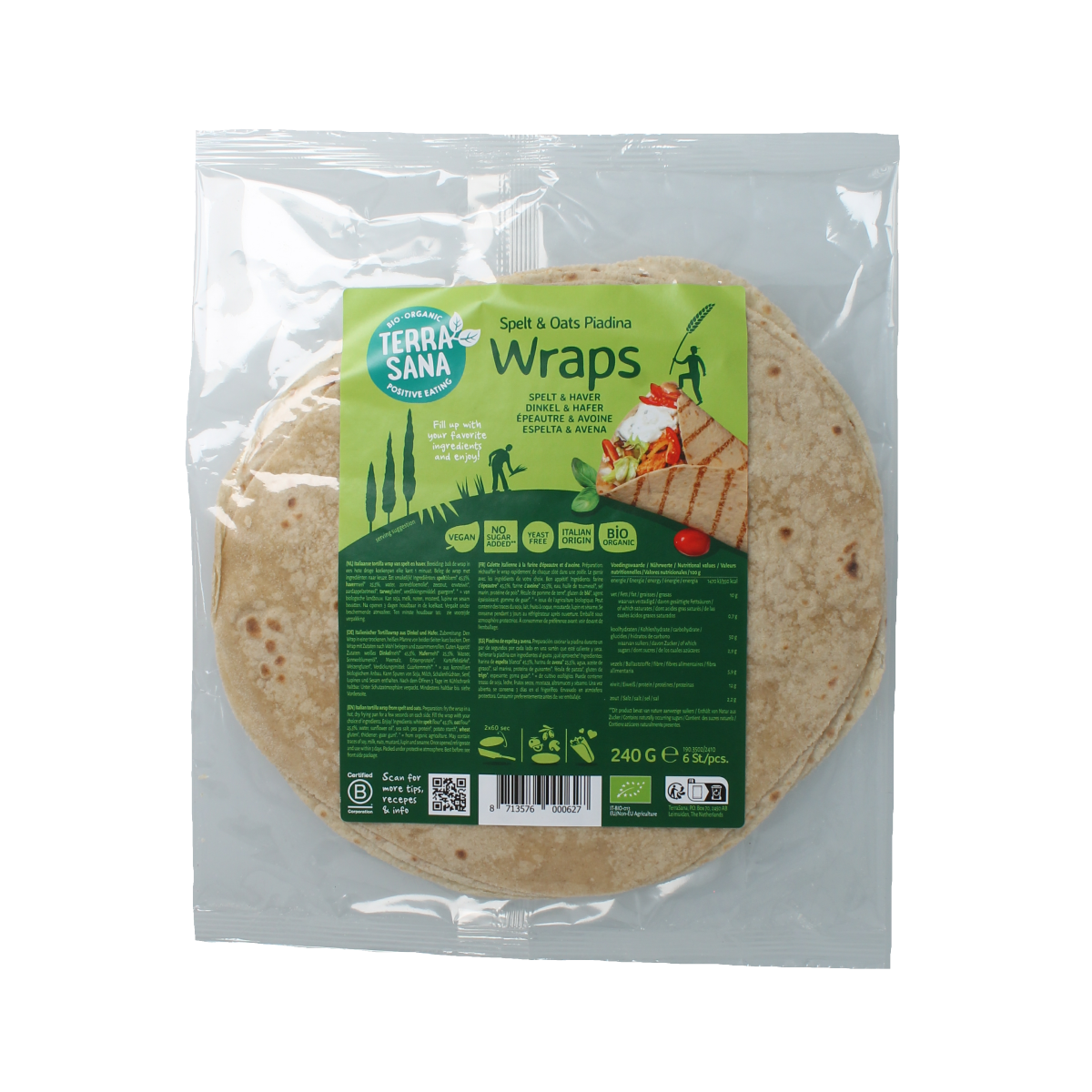 TerraSana spelt and oat bio Piadina wraps, 240g, showing fresh, rolled wraps with visible spelt and oat grains.