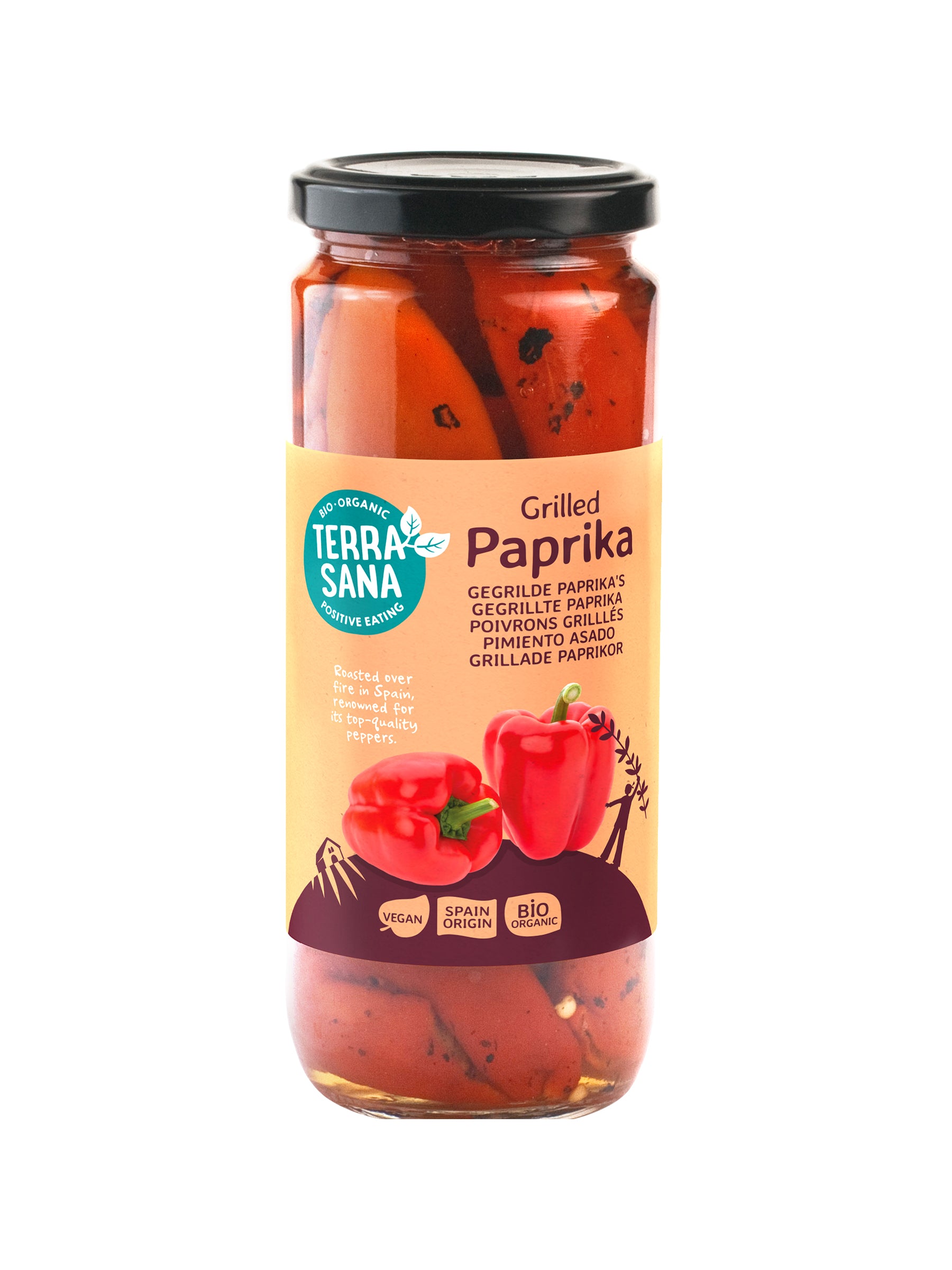 Organic TerraSana grilled red peppers in a 450g package, fresh and vibrant, suitable for healthy cooking and vegetarian dishes.