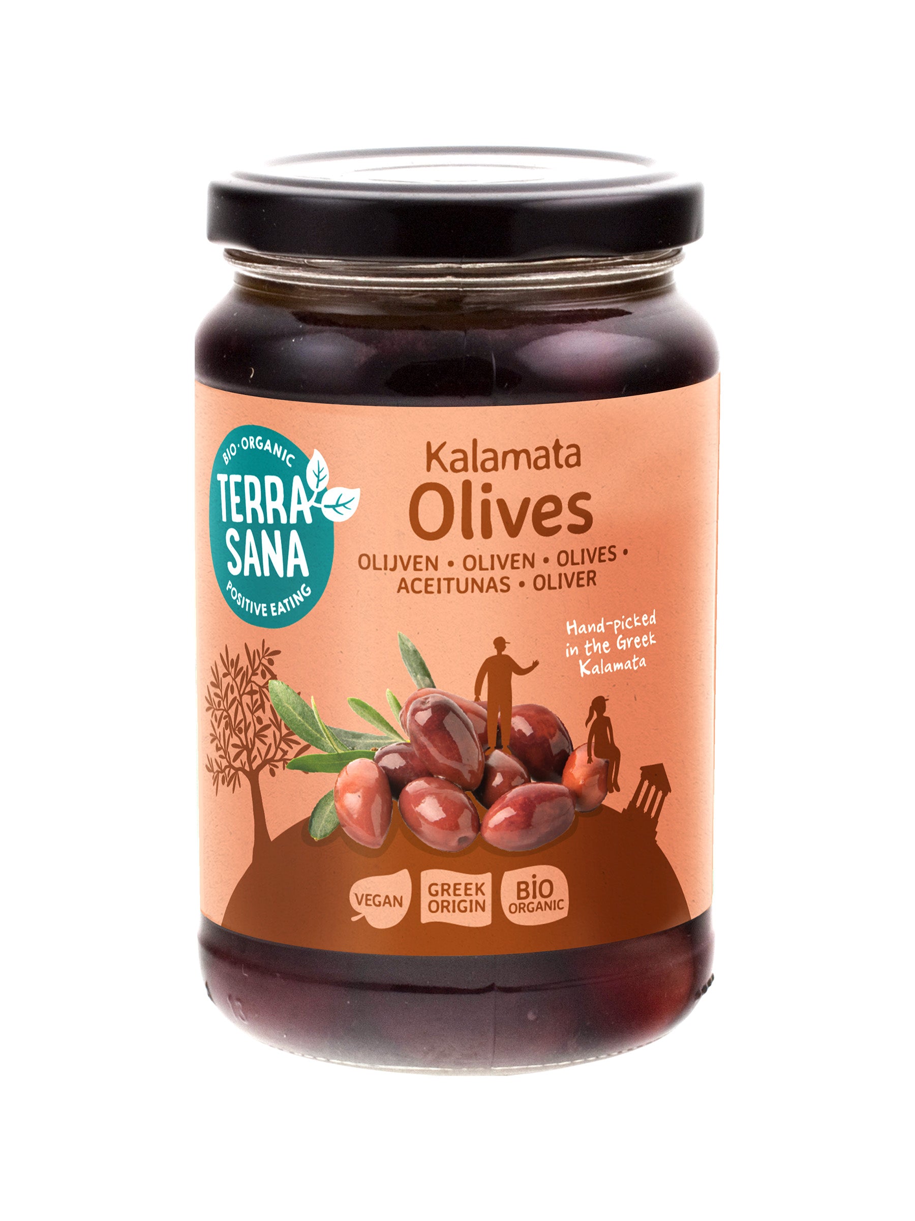 Organic TerraSana Kalamata olives in a 345g jar, showing glossy dark purple olives on a white background.