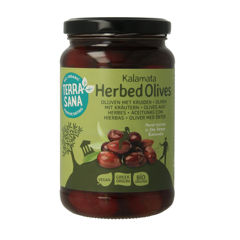 TerraSana Kalamata olijven in kruidenolie bio, 345 gram, showing glossy dark olives in herb-infused oil.