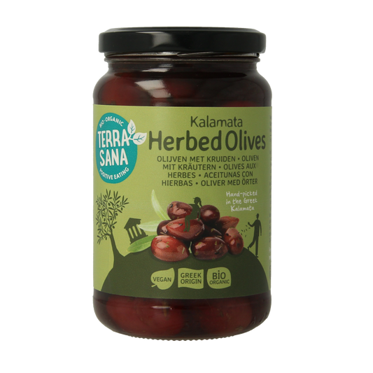 TerraSana Kalamata olijven in kruidenolie bio, 345 gram, showing glossy dark olives in herb-infused oil.