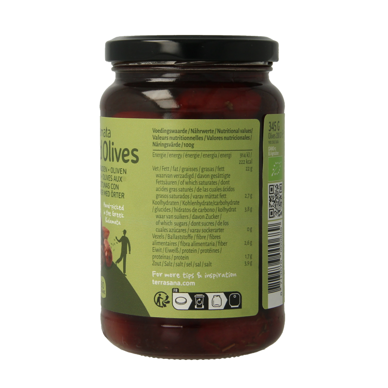 Terrasana bio Kalamata olives in herb-infused oil, 345g, showing dark olives with herbs in a glass jar.