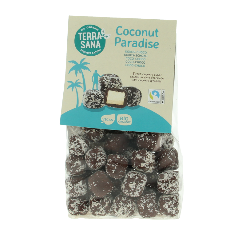 TerraSana Coconut Paradise Choco bio, 150g, organic coconut and chocolate snack in colorful packaging.