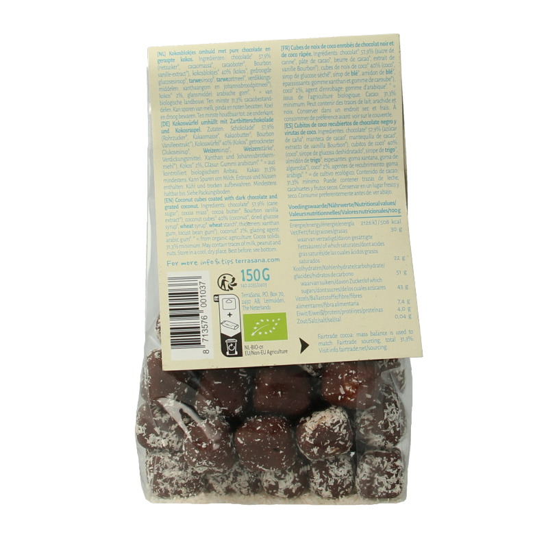 TerraSana Coconut Paradise Choco bio snoepgoed, 150g, showing coconut and chocolate treats in a colorful package.