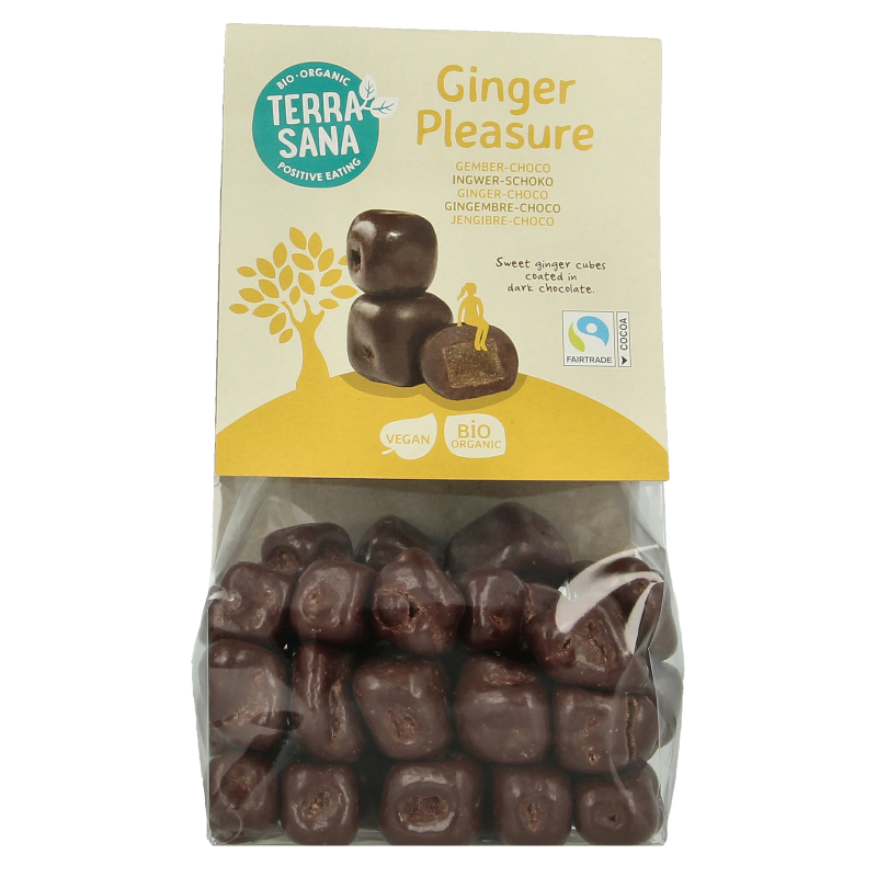 TerraSana Ginger Pleasure Choco bio snoepgoed with ginger and chocolate, 150 grams, featuring natural organic ingredients.