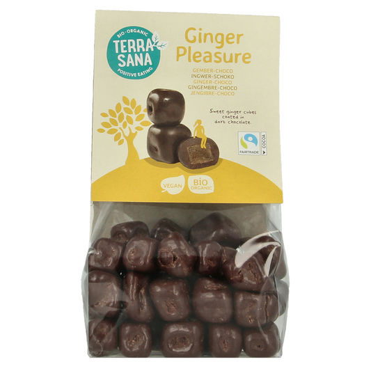 TerraSana Ginger Pleasure Choco bio snoepgoed with ginger and chocolate, 150 grams, featuring natural organic ingredients.