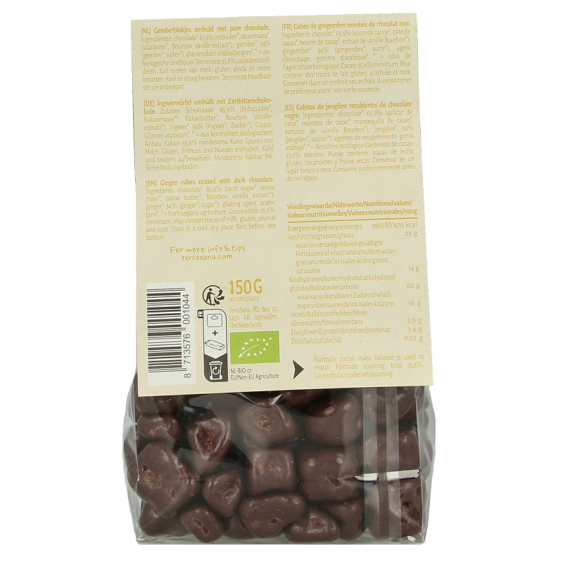 TerraSana Ginger Pleasure Choco bio snoepgoed in 150g package, featuring dark chocolate with ginger pieces.