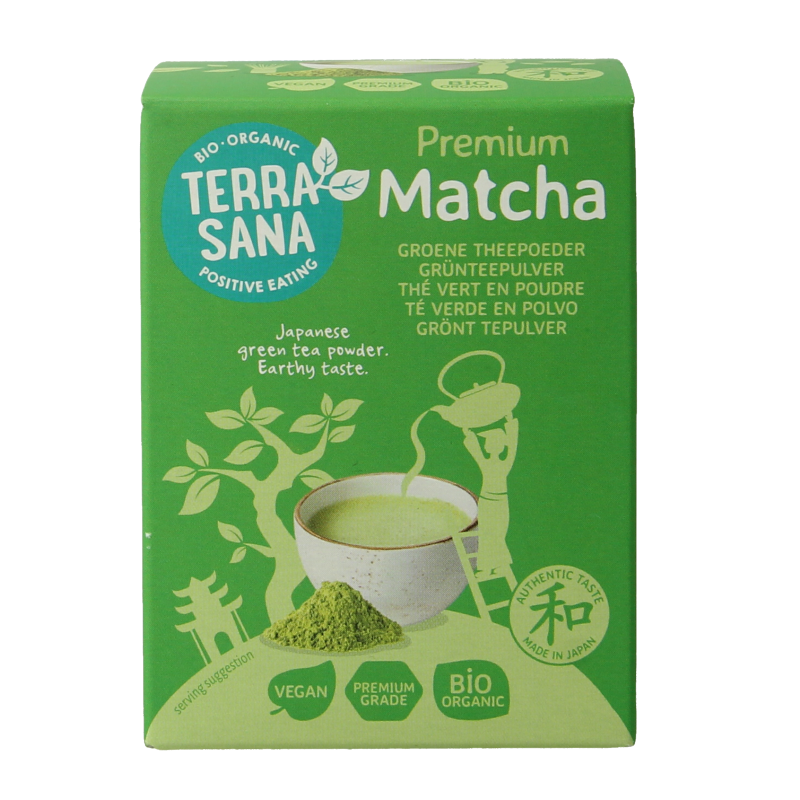 Organic TerraSana Matcha green tea powder in a 30g package, showcasing vibrant green matcha powder in a clear container.