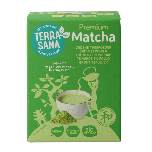 Organic TerraSana Matcha green tea powder in a 30g package, showcasing vibrant green matcha powder in a clear container.