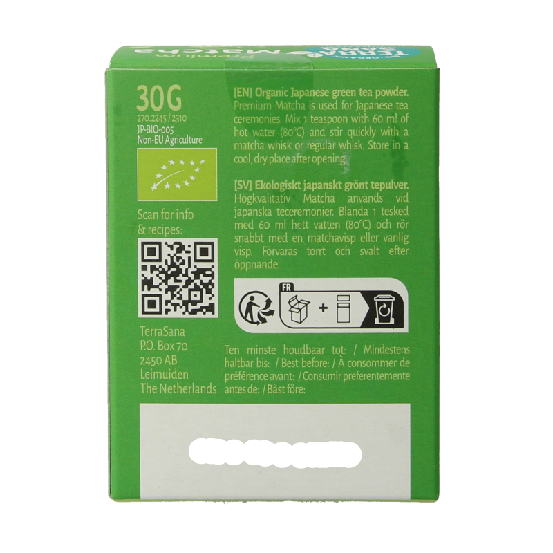 Organic TerraSana Matcha green tea in a 30g package, showcasing vibrant green powdered tea in a natural setting.