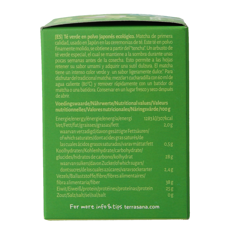 Organic TerraSana Matcha green tea powder in a 30g package, showcasing vibrant green matcha tea leaves and packaging.