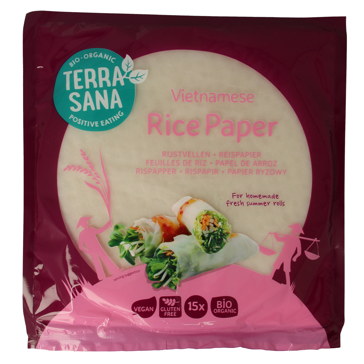 TerraSana bio rice paper, 150 grams, for pasta and rice dishes, with fresh, natural texture visible in the image.
