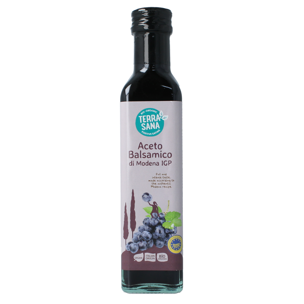TerraSana bio balsamic vinegar in 250ml bottle, used as sauce and flavoring, with a dark, glossy appearance.