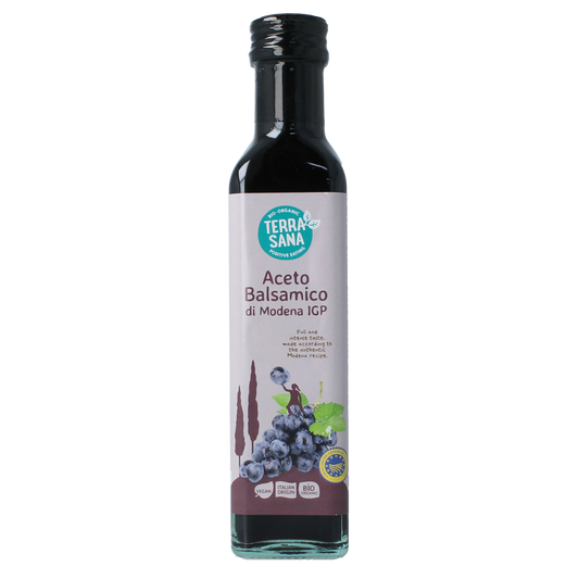 TerraSana bio balsamic vinegar in 250ml bottle, used as sauce and flavoring, with a dark, glossy appearance.