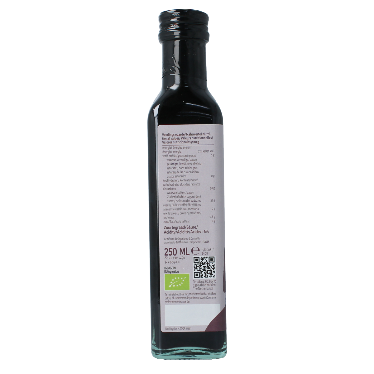 Organic TerraSana balsamic vinegar bottle, 250ml, with dark, glossy liquid and label showing TerraSana branding and product details.