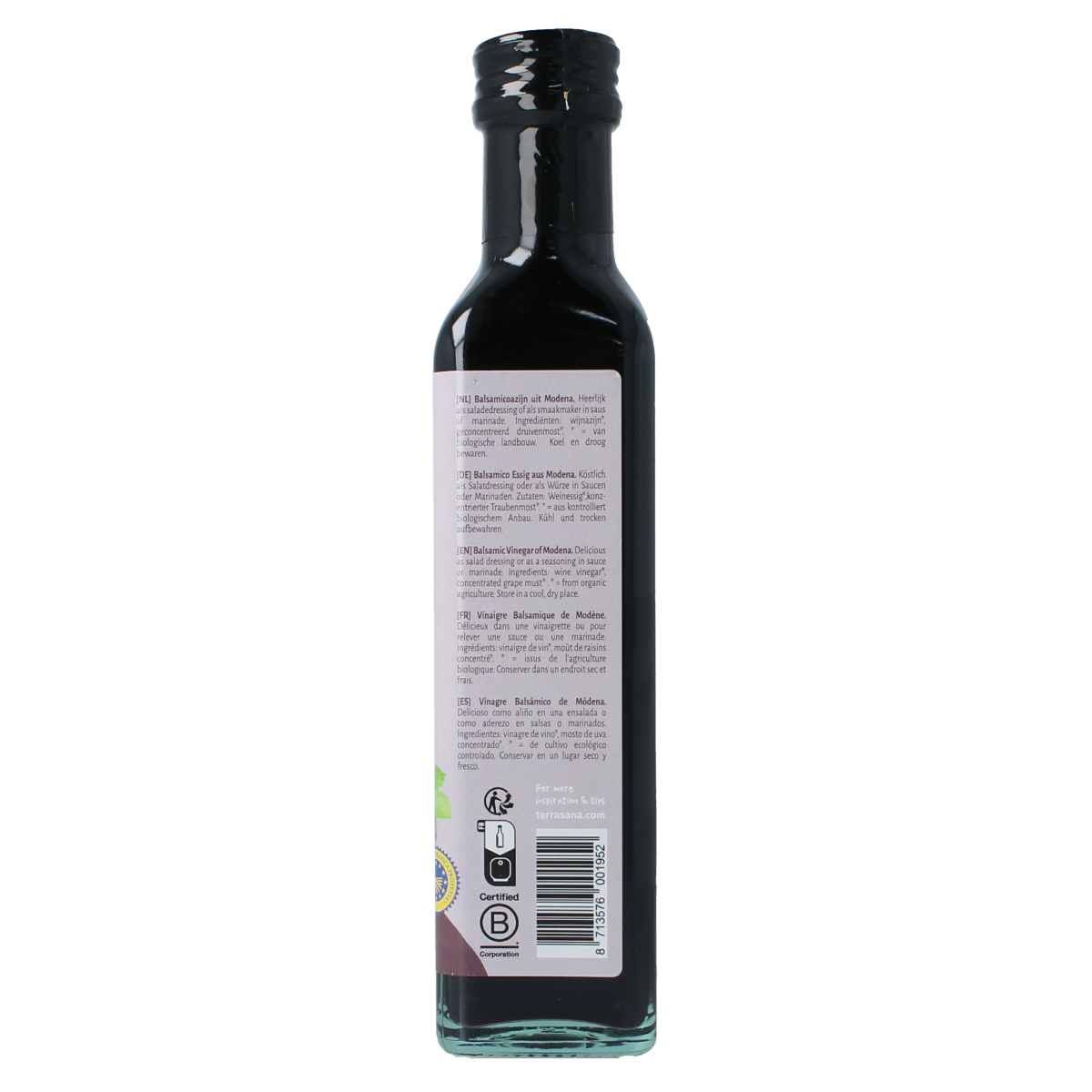 Organic TerraSana balsamic vinegar in 250ml bottle, showcasing dark, glossy liquid in a clear glass container.
