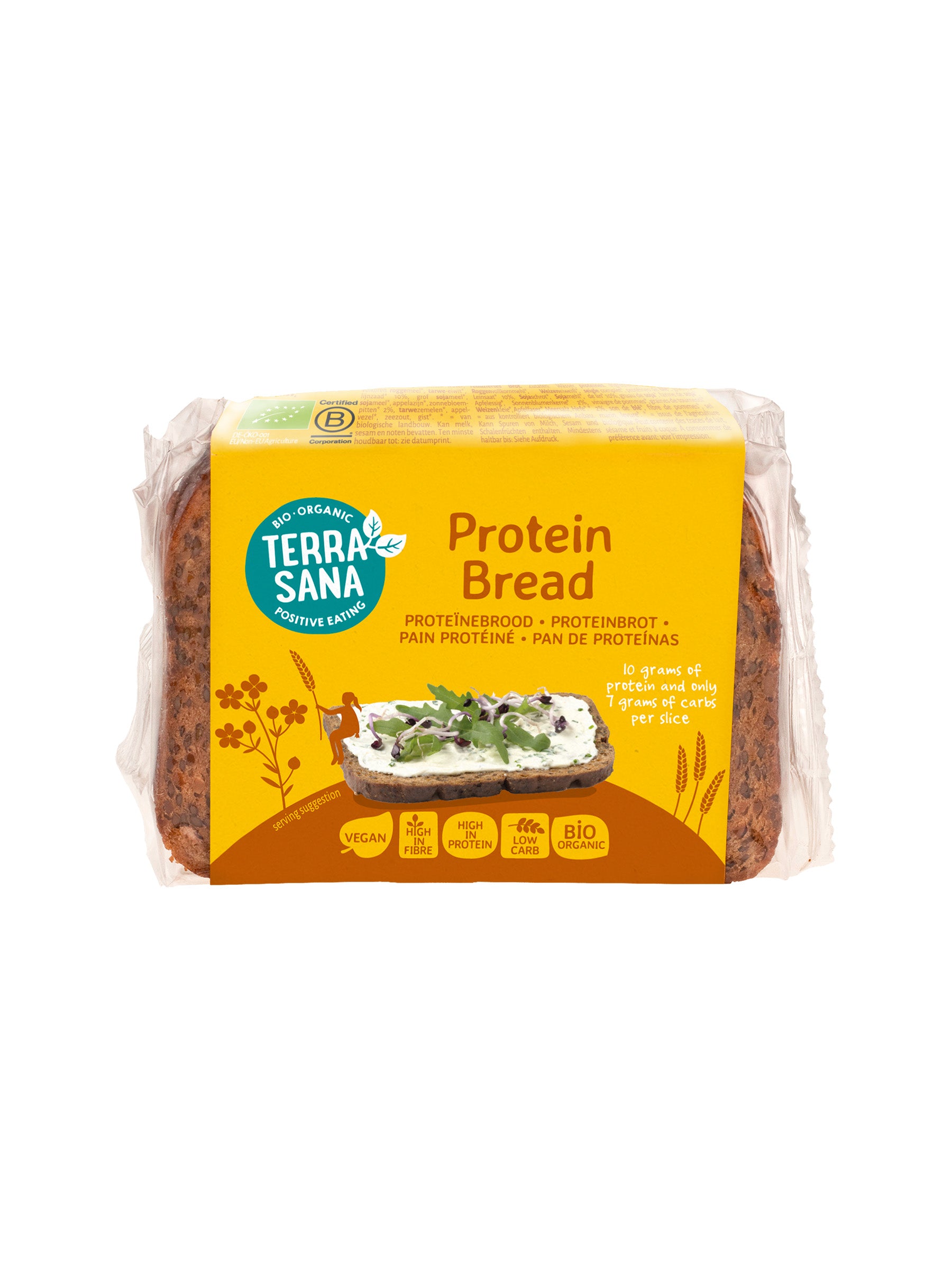TerraSana bio protein bread and crackers package, 250g, with whole grain and seed details visible on the packaging.