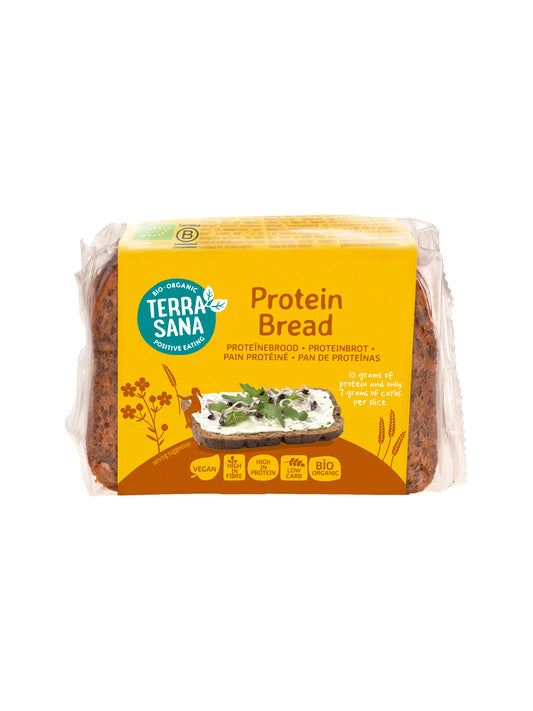 TerraSana bio protein bread and crackers package, 250g, with whole grain and seed details visible on the packaging.