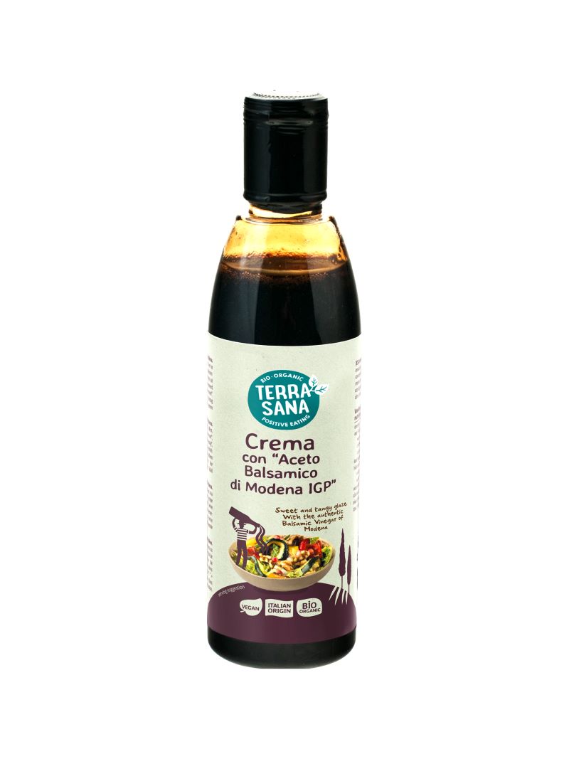 TerraSana organic balsamic cream in 250ml bottle, ideal for sauces and flavoring, with a dark, glossy appearance.