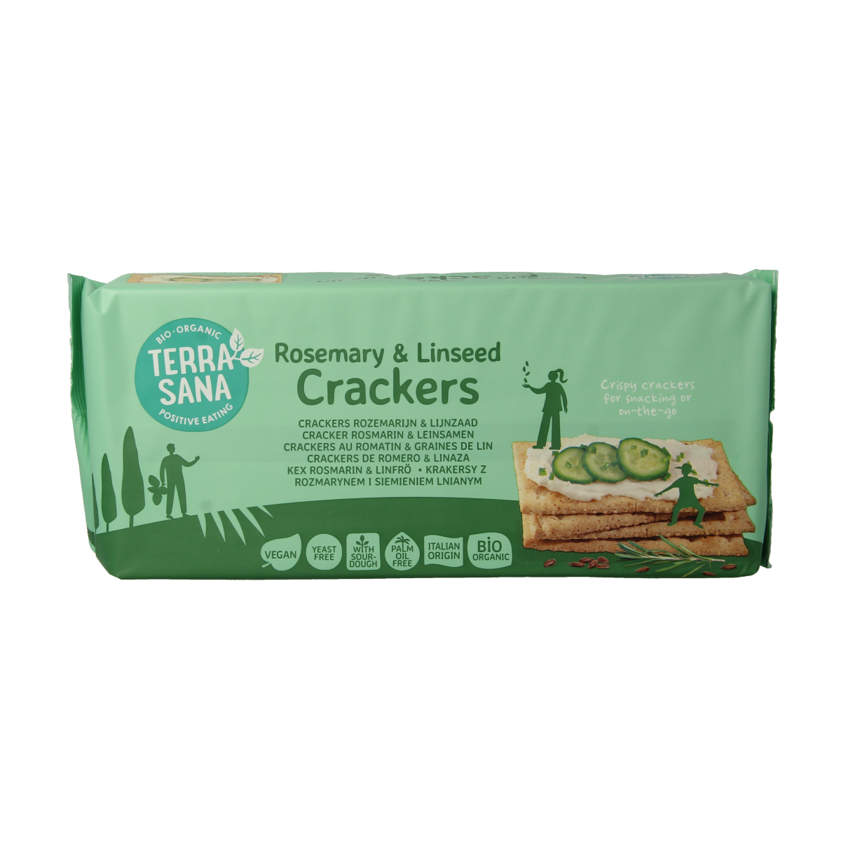 TerraSana Rozemarijn & Lijnzaad Bio Crackers in 250g package, showing crisp crackers with rosemary and flaxseed visible.