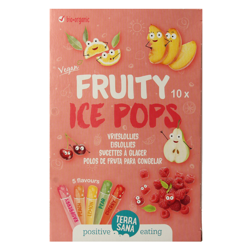 TerrasNa bio fruit ice pops with colorful fruit flavors in a 400ml package, showcasing fresh fruit pieces and vibrant packaging.