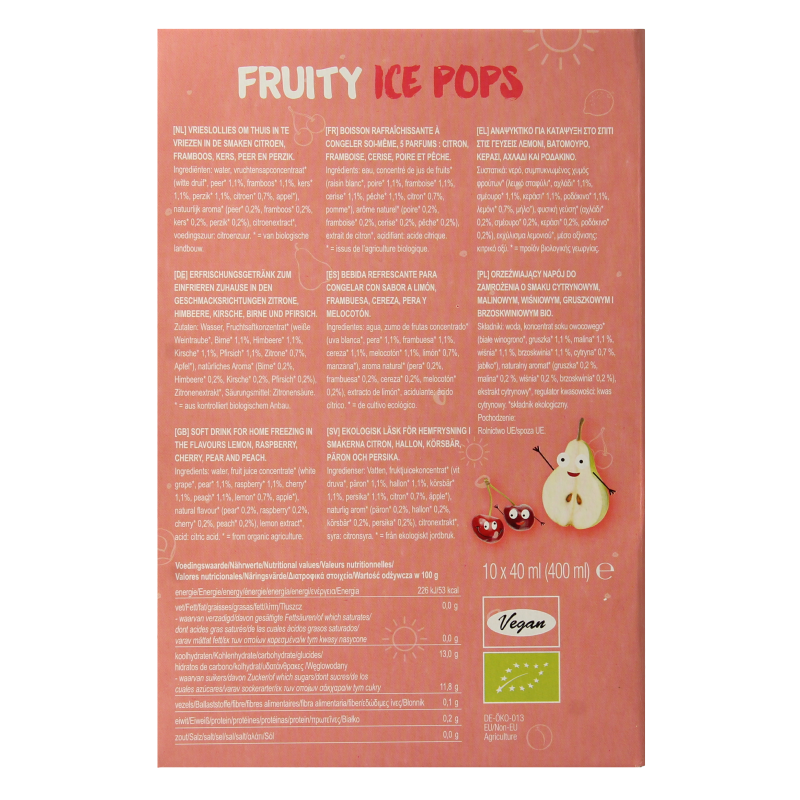 TerraSana Bio Fruit Ice Pops in 400ml package, colorful frozen fruit snack with natural ingredients.