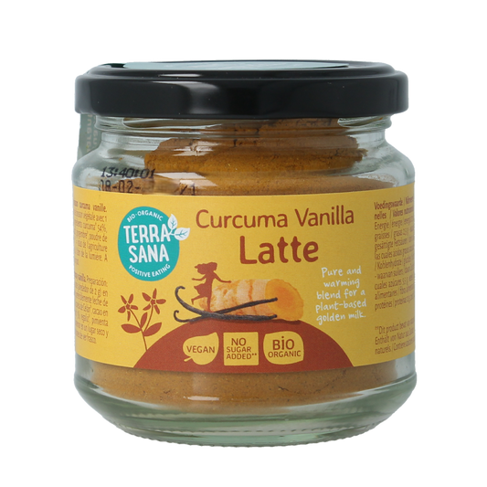TerraSana Latte Curcuma Vanilla bio in 70g package, showing the herbal drink mix with turmeric and vanilla flavor.