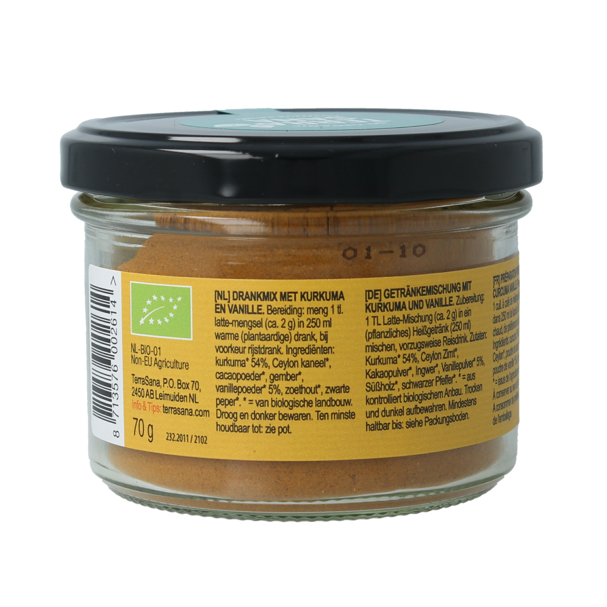 TerraSana Latte Curcuma Vanilla bio in a 70g package, showing the product packaging with turmeric and vanilla flavor elements.