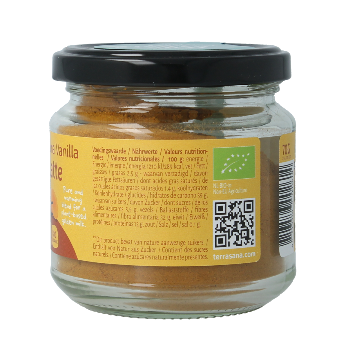TerraSana Latte curcuma vanilla bio in a 70g package, showing the product label with turmeric and vanilla flavor ingredients.