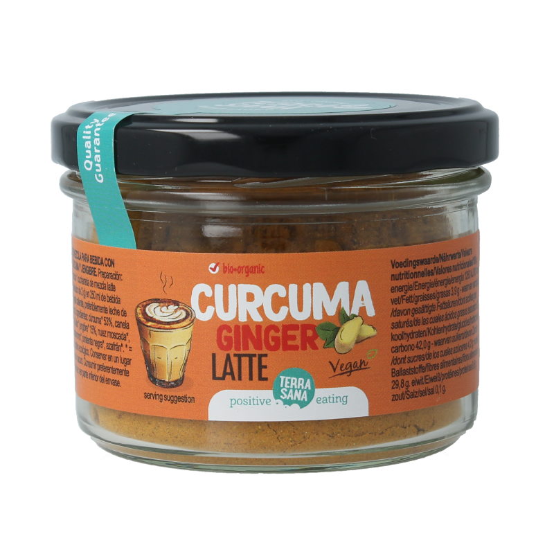 TerraSana Latte Curcuma Ginger bio drink mix in a 70g package, featuring turmeric and ginger flavor for hot beverages.