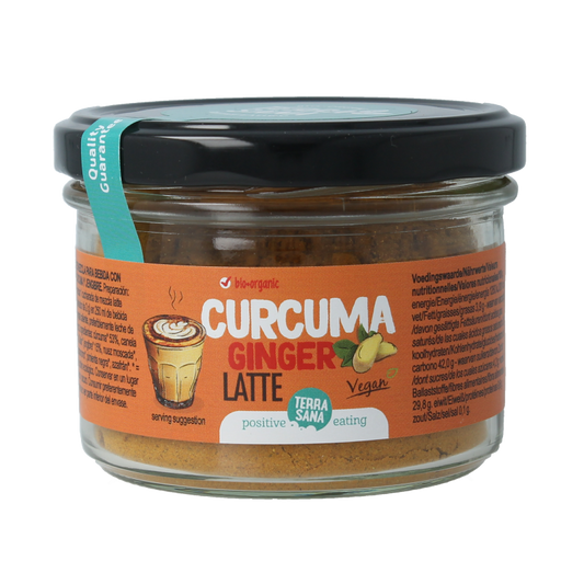 TerraSana Latte Curcuma Ginger bio drink mix in a 70g package, featuring turmeric and ginger flavor for hot beverages.