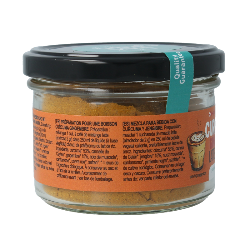 TerraSana latte with organic turmeric and ginger in a 70g package, displayed with the product label and ingredients.