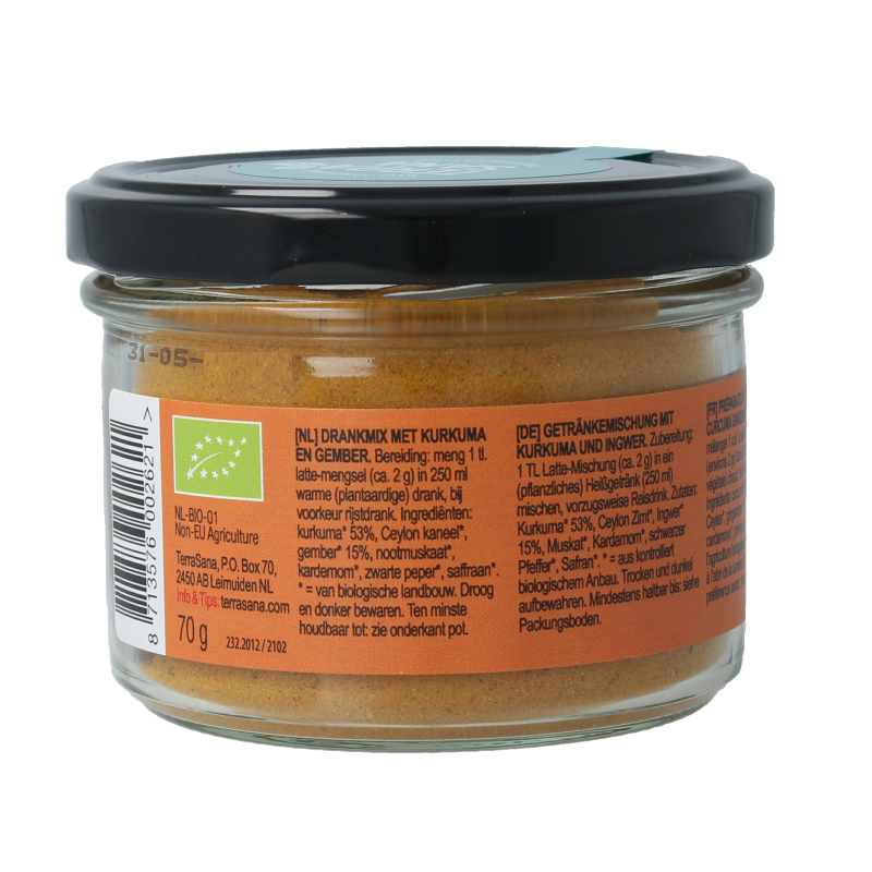 TerraSana Latte Curcuma Ginger bio drink in 70g package, showing the product's packaging with turmeric and ginger ingredients.